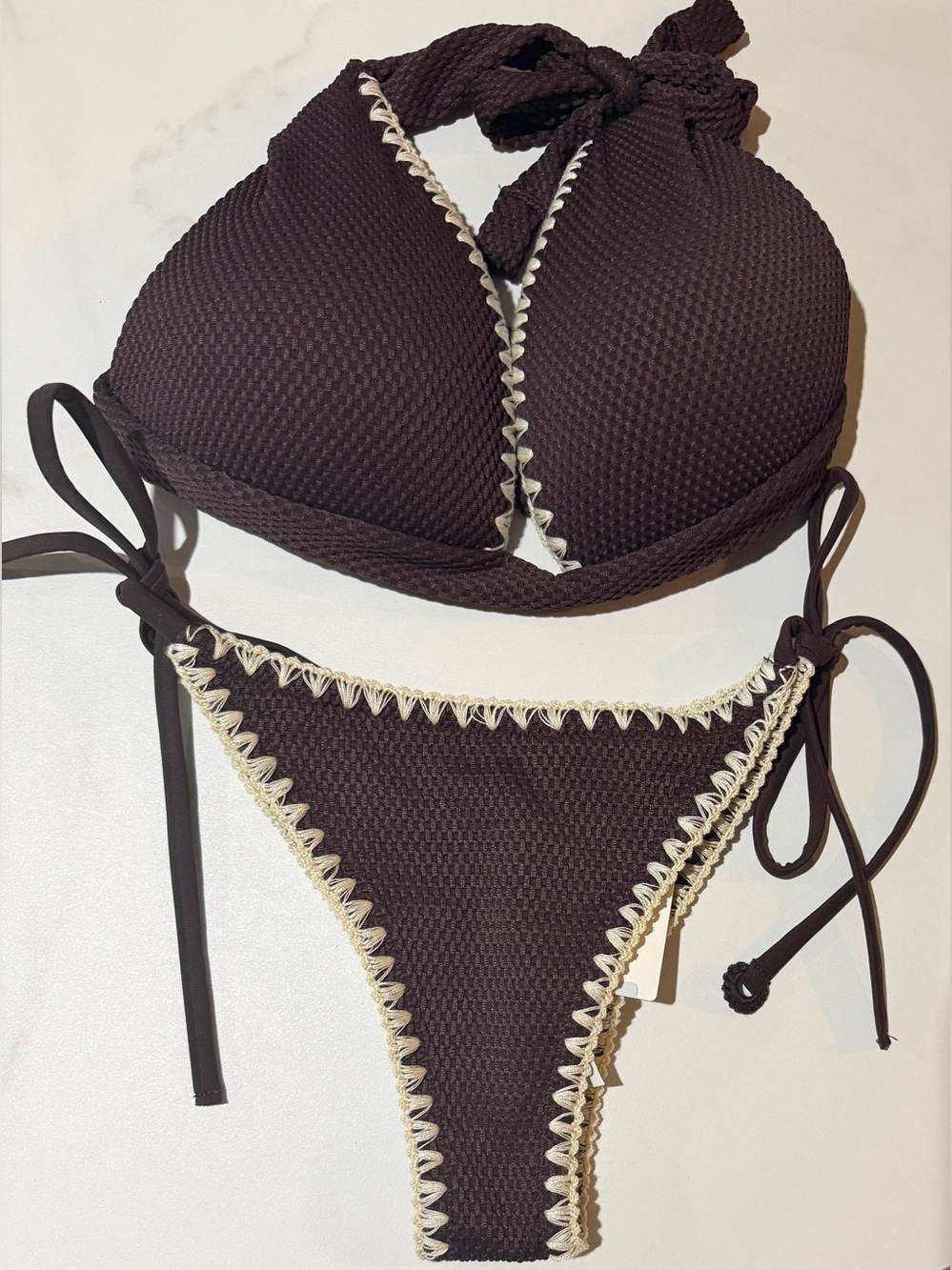 Calzedonia Dark Brown swim  Bikini set with Cream Crochet Trim